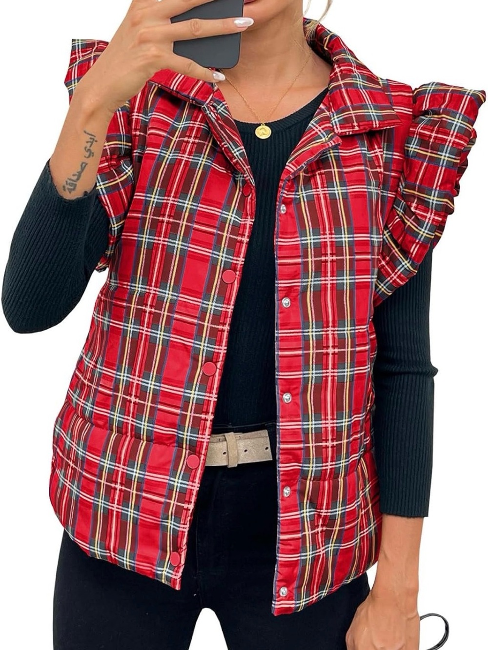 Women's Red Plaid Ruffle-Shoulder Puffer Vest